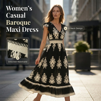 👗 50% RABATT! 🌸 Maxiklänning med V-ringning och barockmönster för kvinnor – Elegant, ledig & perfekt för sommarfester, bröllop eller romantiska utekvällar ✨