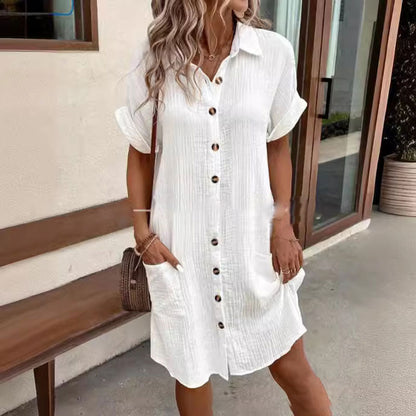 👚 60% RABATT! ✨ Knäppt Kortärmad Skjortklänning med Ficka för Kvinnor – Avslappnad Passform, Lätt Tyg & Perfekt för Sommar ☀️