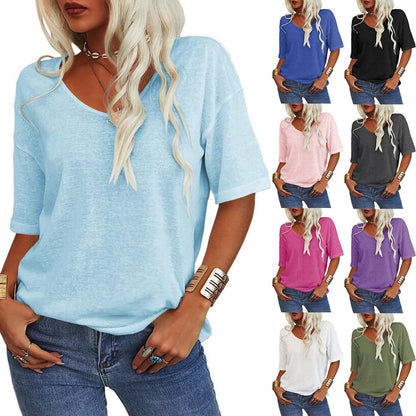 ✨2026 Begränsad tid 50 % rabatt🌸 Enfärgad V-ringad T-shirt dam
