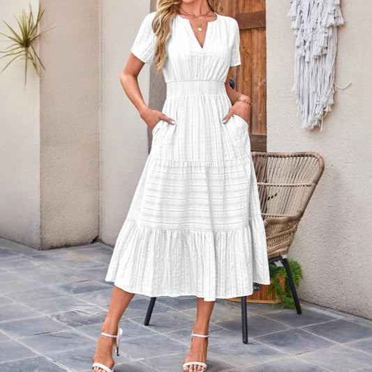 🔥Kortärmade V-neckade långklänningar för kvinnor med kort ärm👗