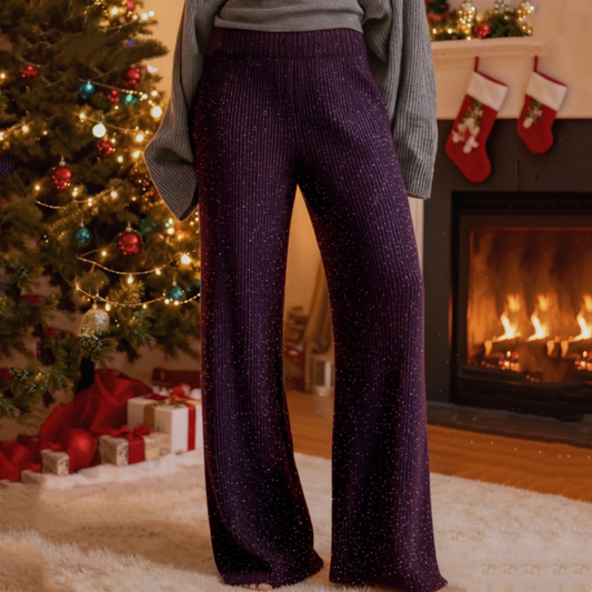 Glittrande dambyxor med vida ben och elastisk midja