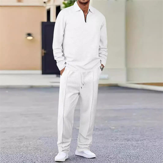 🧵 60% RABATT! 👔 Herrset i Vaffelstickning – Collegetröja & Raka Byxor 🛒