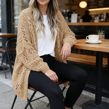 ✨ 50 % RABATT NU! 🧶 Damernas öppen, lösstickad kofta – Boho Pointelle & fladdermansärmar 🍂☕