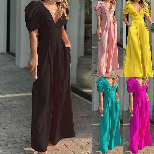 Jumpsuits med djup V-nacke och vida ben för kvinnor