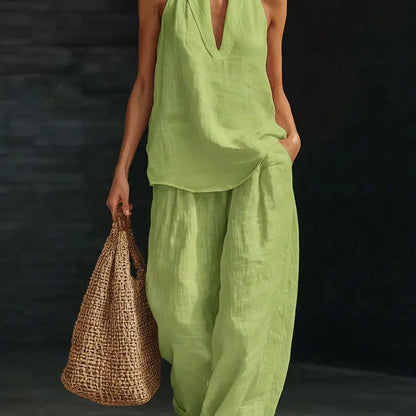 👚 50% RABATT! 🌞 Boho Linne Tvådelat Set – Halslinne & Vida Byxor, Lätt & Perfekt För En Ledig Sommarlook 💃