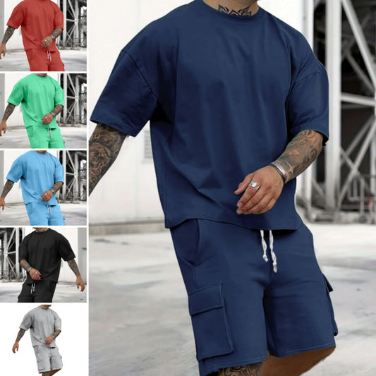 Herrarnas Casual Set med Kortärmat T-Shirt och Shorts