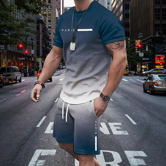 🔥🎁Nyhet 50 % RABATT🔥😎Herrset med t-shirt och shorts i gradientfärg