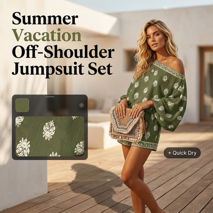 🌴 50% RABATT NU!👙 Böhemsik Off-Shoulder Jumpsuit Set – Vintage Tryck & Fickor – Avslappnad Semesterklänning 📸