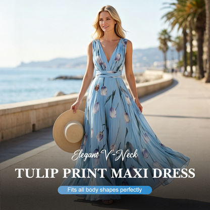 🌼 50 % RABATT NU! 🌼Elegant maxiklänning med V-ringning och tulpanmönster