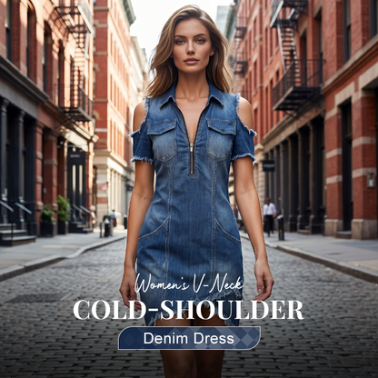 👖Dammklänning i denim med V-ringning och bar axel