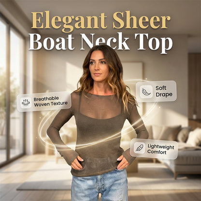 🥇 Nyhet 40 % RABATT! 🌊 Damtopp i genomskinlig material med lång ärm och båthals