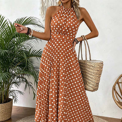 👗 50% RABATT! ⏳ Halterklänning med prickar för dam – Flödande & ledig passform – Perfekt för sommar, strand eller lata dagar – romantisk stil med retrokänsla 🌸
