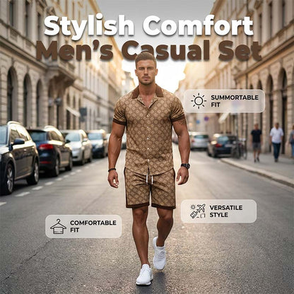 ☀️👕 Herr Tryckt 2-Delat Sommarset – Slim Fit Avslappnad Topp & Shorts Outfit