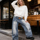 👖 50% RABATT NU! 🌸 Damjeans med Asymmetrisk Midja och Vida Ben – Sliten Tvättad Finish & Trenderig Street Style ✨